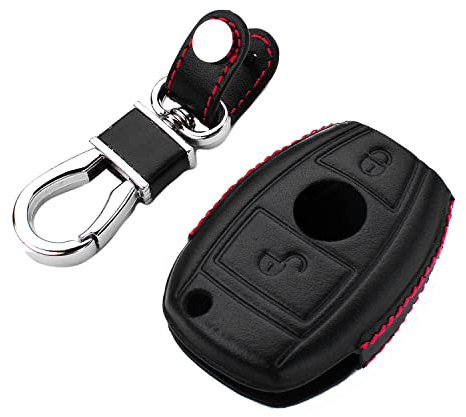 [M.JVisun] Porte-clés en cuir de qualité pour homme et femme - Porte-clés en cuir de qualité - Étui de porte-clés en cuir pour Mercedes-Benz avec 2 boutons,, Noir