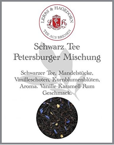 Lerbs & Hagedorn, Schwarz Tee Petersburger Mischung | Vanille-Karamell-Rum Geschmack 1kg (Ca. 81 Liter) Mandelstücke, Vanilleschoten