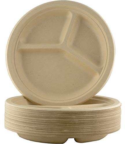 Restaurant-Grade Biodegradable 9 Inch 3-Compartment Plate. Bulk 50 Pk. Great for Lunch and Dinner Parties. Disposable, Compostable Wheatstraw Divided Plates are Leakproof and Microwave Safe.