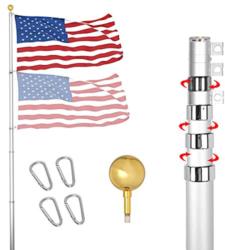 YDisplay Fahnenmast für draußen im Boden, 6 m Teleskop-Fahnenmast, robustes 16 Gauge Aluminium mit amerikanischer Flagge, goldener Kugel und Clips für Hof, Terrasse, Garten, kann 2 Flaggen fliegen