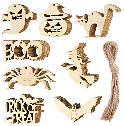 CHRORINE 80 Pcs Halloween Wooden Slices Tags Hanging Ornaments Crafts With Twine for Decoration, DIY Supplies, Party