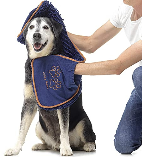 Lucky Paws® Dog Towel - Microfibre Chenille/Noodle Towels - UK Based Seller - Super Soft Pockets - Super Absorbent - Fast Drying - Pet/Puppy Grooming Accessories - 88x32cm (Pack of 1, Navy)