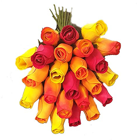 Homestreet Bouquet de fleurs éternelles, 2 douzaines de roses en bois dans un choix de couleurs vives, 24 bourgeons de roses dans un cellophane. Cadeau floral instantané (coucher de soleil)