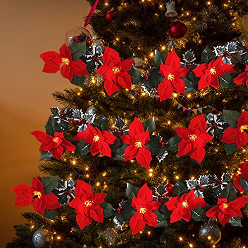 NZXVSE Guirnalda de luces navideñas al aire libre de 2 m, 10 poinsettia, guirnalda de flores con bayas rojas y hojas de acebo, funciona con pilas