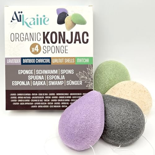 Eponges de Konjac Bio visage associées au thé vert, charbon, à la lavande et aux coques de noix | Lot de 4 éponges en forme de gouttes | Eponge exfoliante végétale naturelle nettoyante