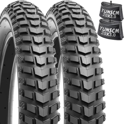 YunSCM 2Pcs 20 inch Fat E-Bike Tires 20x3.0 tyres 76-406 and 20 inch Inner Tubes AV32mm Valve Compatible with 20x3.0 All-Terrain Directional Tread Bicycle Tires and Tubes