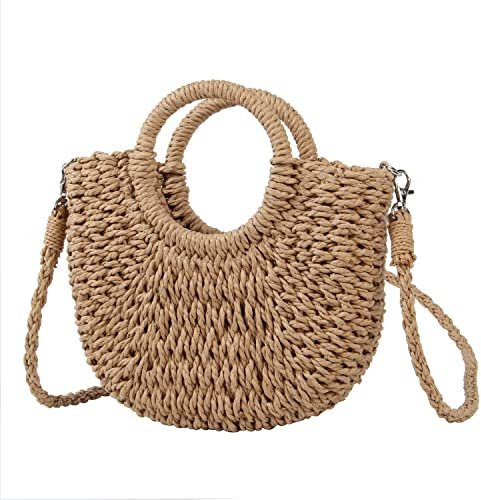 Naudamp Damen Stroh Strandtasche Handtasche Hobo Runder Griff Sommer Handgewebte Taschen Kleine Geldbörse mit Riemen