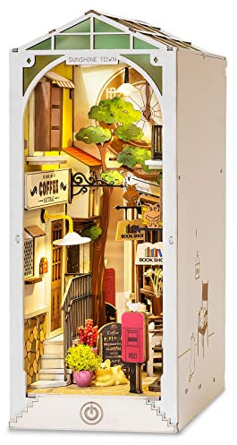 ROBOTIME DIY Book Nook Kit, Wand Hängen Miniature House, Puzzle Haus Modell Bausätze mit LED-Leuchten, Bücherregal Dekor Geschenk zum Muttertag(Sunshine Town)