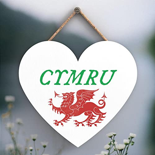 Global Designs Cymru Welsh Dragon Location Wooden Heart Hanging Plaque