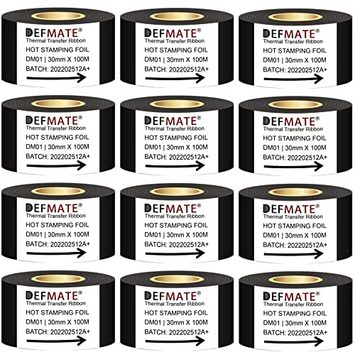 DEFMATE 12 Rolls 30mm x 100m Black Hot Stamping Foil Thermal Transfer Ribbon Resin for Coder Printer Machine, Black Color Ribbon for Coding Machine