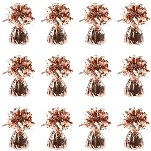Lot de 12 poids de ballons lourds en aluminium pour ballons à l'hélium en feuille d'or rose – 160 g pour décoration de fête d'anniversaire, de mariage, de célébration avec pompons