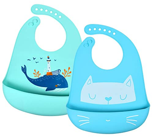 Vicloon Baberos de Alimentación para Bebés - 3pcs Silicona Impermeables, Suave Ajustable para Niños y Niñas Con Recolector de Alimentos