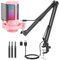 NJSJ USB Gaming Microphone Kit for PC, RGB Condenser Microphone Podcast Mic with Monitoring Jack, Quick Mute, Gain Control, Mic Boom Arm Stand for Recording Twitch Mac PS4/5 (Pink-with Boom Arm)