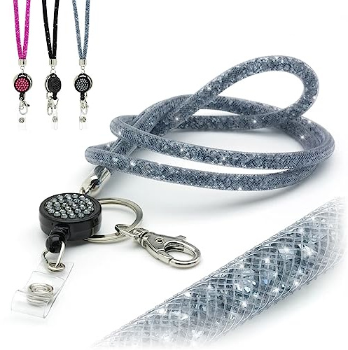Cordons Tour de Cou Lanière Rétractable strass scintillants avec clip en métal pivotant Carte d'Identité Lanyard Enrouleur Jojo Collier en Bling Cristal pour badge d'identité pour Porte Badge