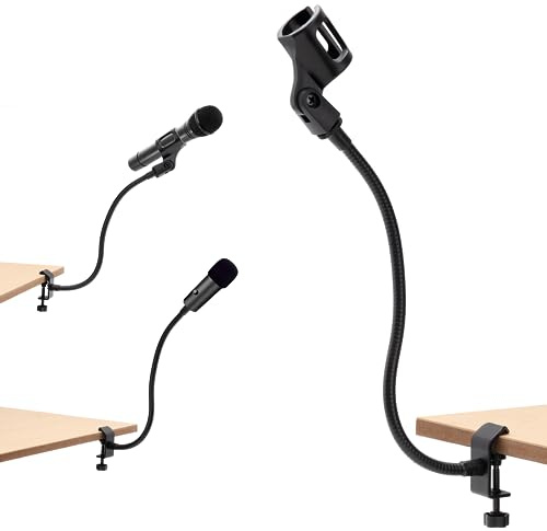 Clip-on Desktop Microphone Stand, Flexible Gooseneck Desk Mic Stand, Microphone Arm Stand with Clip, 3/8” to 5/8” Microphone Holder for Podcasting, Radio, Lectures, Singing, Live Streaming