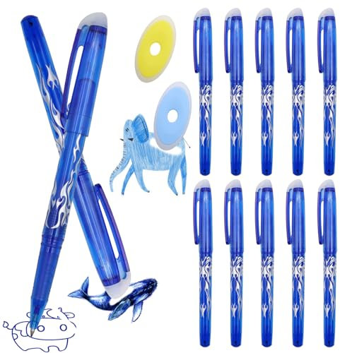 BORISCA 10 Radierbarer Kugelschreiber, Tintenroller Radierbar 0.5mm Gelstifte Radierbar mit 2 Radiergummis, Gelschreiber Radierbar Blau Wegradierbare Stifte Radierbar für Bürobedarf Schulsachen