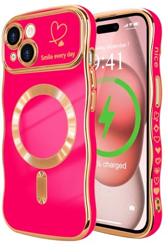 LCHULLE per iPhone 15 Plus Cover Magnetica Cuore Ondulata,Rosa rossa | Compatibile con Magsafe, Cuore forma di ricciolo ondulato, Protezione Fotocamera galvanizzato Custodia