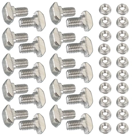 PATIKIL 20 Satz Kohlenstoffstahl Hammerkopfschrauben M5 x 12mm mit Flanschmuttern M5, Drop-in Hammerkopf Gewindeschrauben mit Sechskantmutter für Serie-20 Alu Extrusionsprofil, Silber