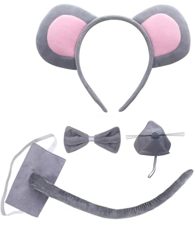 SKHAOVS 4 Pezzi Set Costumi da Animali,Set Costumi da Topo,Orecchie da Topo Fascia per Naso,Papillon Grigio e Coda in Feltro,per Bambini Adulti Festa di Compleanno Capodanno Halloween(Grigio)