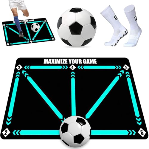 YUJUVI Tapis Football Entrainement 90 x 60 cm Tapisn d'entraînement Foot Antidérapant avec Football + Chaussettes pour Football Dribble Footstep Pratique de Contrôl