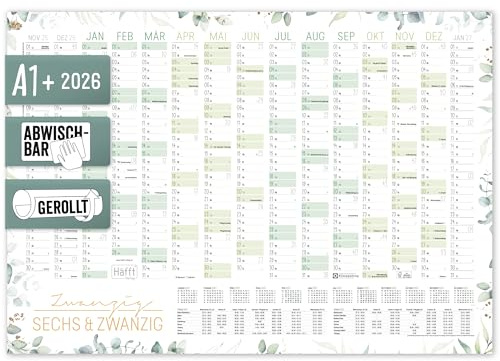 Häfft® abwischbarer Wandkalender 2026 groß Blattgold 89 x 63 cm (größer als A1) gerollt, Wandplaner für 15 Monate: Nov 2025 - Jan 2027 - nachhaltig & klimafreundlich