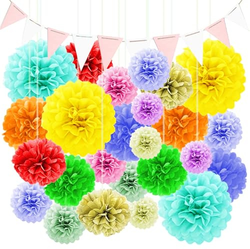 34PCS Color Decoracion Cumpleaños TREABEAR, Flores de Papel Pompones Manualidades y Banderín Decoracion, Flores Papel Pompones de Colores, Adornos Cumpleaños