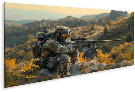 islandburner Bild auf Leinwand Soldat im Herbstwald mit Scharfschützengewehr für Wohnzimmer Geschichtsinteressierte Kanzlei Bilder Wandbilder Poster