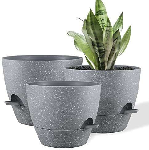 FORAGIFT Macetas de 25/23/20 cm para interiores, paquete de 3 macetas grandes de plástico con depósito profundo y agujeros de drenaje altos para plantas y flores de interior y exterior, color gris con