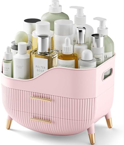 lurcns Makeup Organiser with Drawers Skincare Organizers for Vanity Storage Box with Handle Large Cosmetic Display case for Dresser Bathroom Countertop(Pink)