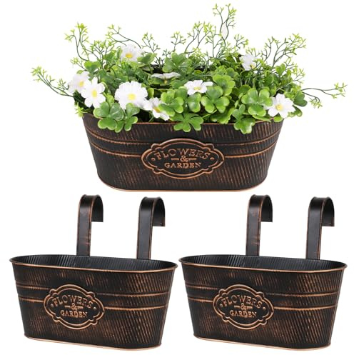 BOOMTOP 2pcs Pots de Fleur Suspendus en Métal 27cm Noir Grands Pots de Plantes à Suspendre avec Deux Crochets Amovible Décoration Intérieur Extérieur pour Balcon Clôture Jardin Maison