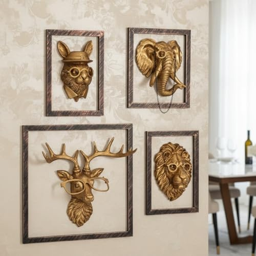 HUYIENO 4PK Animal Head Wall Decor with Metal Frame Flower Vase Gold vintage Wall Sculpture Handcrafted Hanging Home Decor Sculptures for Living Room Bedroom