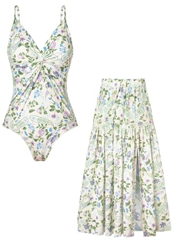 GRACE KARIN Tvådelad baddräkt för kvinnor, V-ringad monokini elegant blommigt tryck, baddräktsklänning, simkjol, set, baddräkt i ett stycke med cover up kjol, 2 st, set med magkontroll, baddräkter
