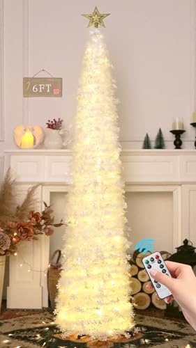 HMASYO 180 cm Pop-Up Lametta Weihnachtsbaum mit 100 Timer-Lichter und Fernbedienung, Weiß Zusammenklappbarer Künstlicher Schlanken Weihnachtsbaum für Zuhause Wohnung Büro Festdekoration, USB-Betrieb
