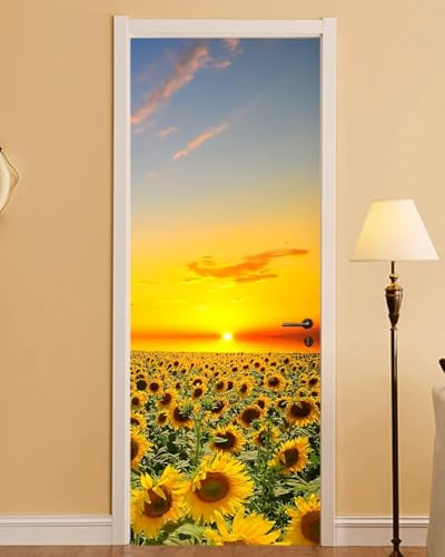 Türtapete Selbstklebend 100x200 cm Sonnenblume Türaufkleber 3D Sonnenuntergangslandschaft Türposter Türfolie Poster Tapete PVC Wasserfest für Schlafzimmer Wohnzimmer Tür A-4117