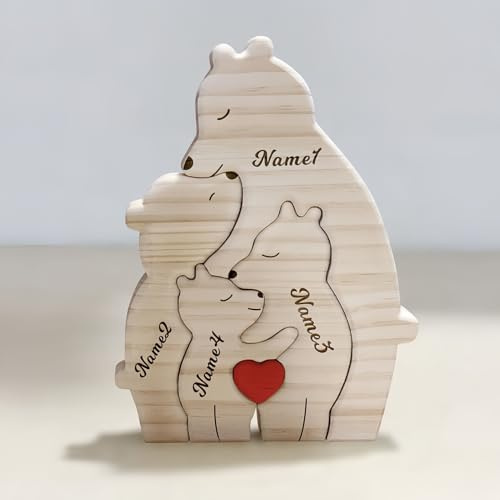 Drawelry Personalisierte Bär Statue Holzpuzzle mit 2-9 Namen Gravur Dekoration Holz Handwerk Bären Familien Skulptur Puzzle Deko Ornament Weihnachte Geburtstag Geschenk für Familie Freunde Paare (A15)