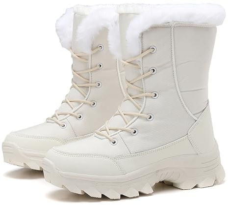 BANGTEUO Womens Warm Fur Lined Mid Calf Snow Boots Comfortable Waterproof Cold-Resistant Outdoor Hiking Walking Work Booties (White,numeric_10)