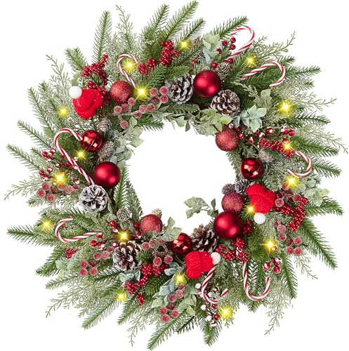 22’’ Artificial Christmas Wreath for Front Door with Red Balls Candy Canes Pine Needles Red Berries Pine Cones Christmas Decorations for Winter Wall Outdoor Home Holiday Xmas Decor