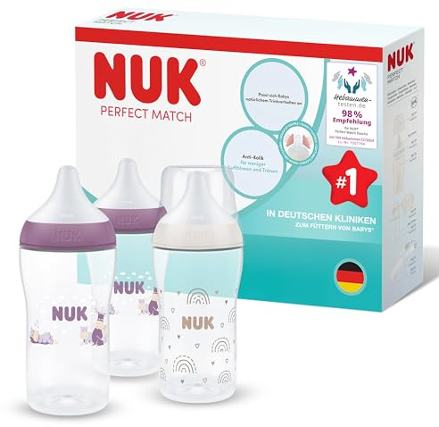 NUK Perfect Match Babyflaska | 3+ månader | 260 ml | Anti-kolikmatningsflaska | PP | Temperaturindikator | Flodhäst | 3 stycken