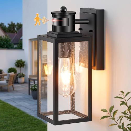 VIANIS Wall Lights Outdoor, Black Porch Light with Motion Sensor, Modern PIR Outside Lightfor House, Waterproof Outdoor Wall Sconce, Anti-Rust Aluminium Wall Lantern with Seed Glass for Garage, Patio