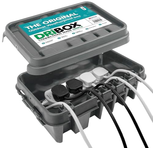 DRiBOX – Medium IP55 Weatherproof Outdoor Electrical Connection Box 34 x 22 x 11.7cm – Power Cord Enclosure for Christmas Lights, Timers, Extension Cables, Leads, Reels, Transformers (Medium, Grey)