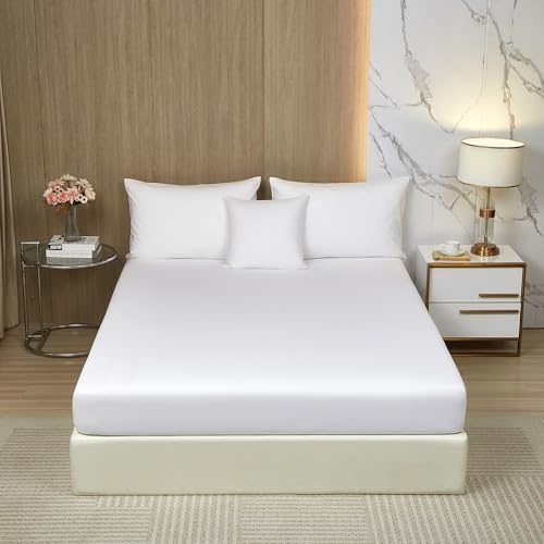 DXHOME Spannbettlaken 90x200cm Baumwolle Weiß Uni Weich Spannbetttücher Lyocell Seide Spannbetttuch Set Boxspringbett Leintuch 90 x 200 Spannleintuch für bis 25cm Matraze