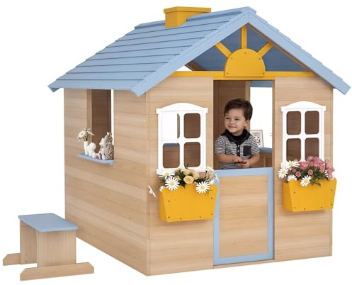 Outsunny Wooden Playhouse for Kids with Door for Ages 3-7 Years Blue