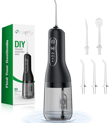 OasiSmile Munddusche Elektrische Kabellos Testsieger 2026: 300ml Wassertank, 4 Modi & 5 Düsen, 40 Tage, IPX7 Wasserdicht Oral Irrigator zur Tägliche Tiefenreinigung für Zahnpflege zuhause & Reisen