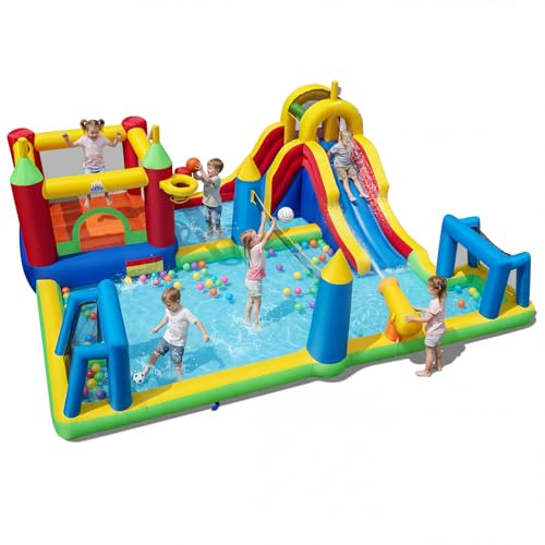 COSTWAY Inflatable Water Park, Kids Bouncy Castle with Slide, Climbing Wall, Splash Pool, Water Cannon, Volleyball Net, Football Goals & Punching Bag, Outdoor Blow Up Bounce House (without Blower)