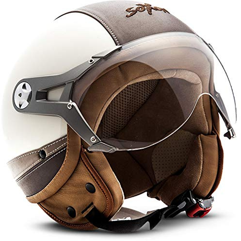 Soxon® SP-325 Urban „Creme“ · Jet-Helm · Motorrad-Helm Roller-Helm Scooter-Helm Moped Mofa-Helm Chopper Retro Vespa Vintage · ECE 22.05 Visier Leather-Design Schnellverschluss Tasche XL (61-62cm)