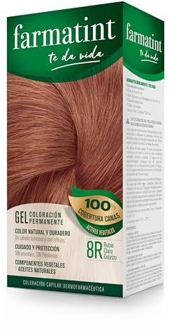 Farmatint Gel 8R Rubio Claro Cobrizo, Tinte Cabello Sin Amoníaco, 135 ml | Coloración Origen Vegetal, Aceites Naturales, Sin Parafinas ni Amoníaco, Cubre 100% Canas, Dermatológicamente Testado