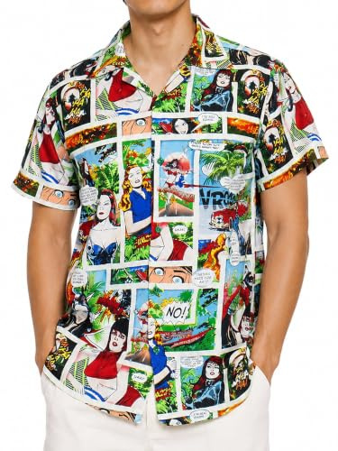 King Kameha Funky Camisa Hawaiana, Comic, Multicolor, M