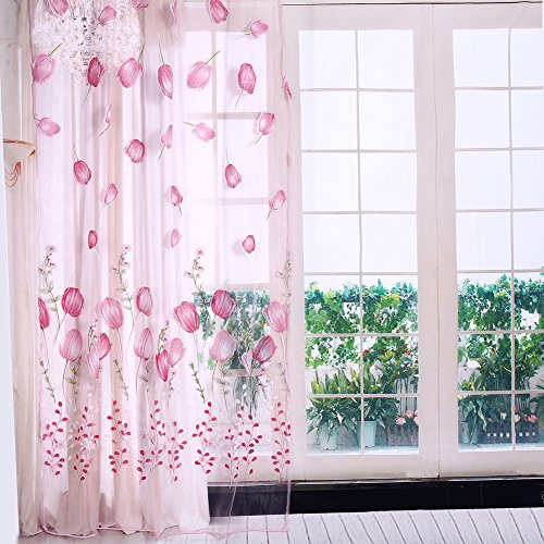 Tüllvorhang Tulpenblumenmuster 100x200cm Rosa Transparent Fenster Vorhang Balkontür Halbtransparent Sichtschutz Wohnzimmer Schlafzimmer Küche Dekoration
