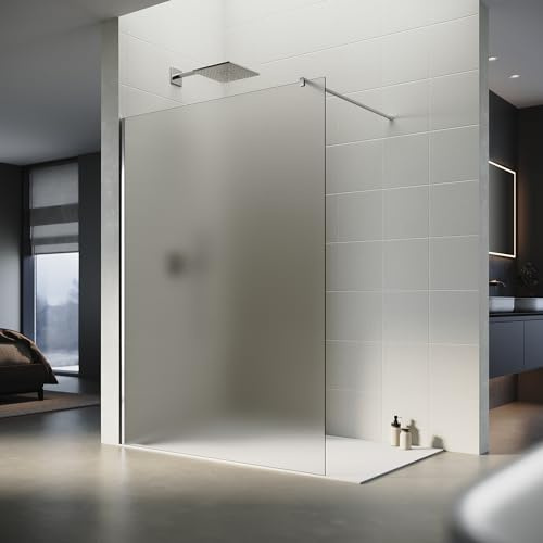 SONNI Walk-In Duschwand 90x200 cm, vollsatiniert mit Stabilisator, Silber | 8 mm ESG mit vollsatiniertem Design und NANO-Beschichtung für maximale Privatsphäre, einfache Reinigung und flexible Montage.