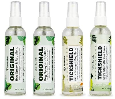 Cedarcide Original & Tickshield Family Pack | Natural Cedar & Lemongrass Oil Bug Spray | Eco-Friendly, Family-Safe Flea & Tick Repellent | Pack of 4, 4oz Spritzers